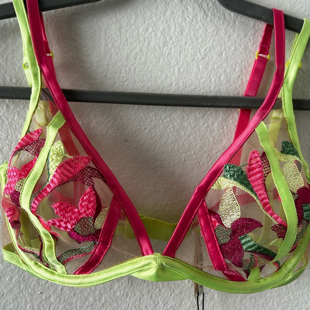 For Love And Lemons Neon Floral Mesh Bra - Pink and Green